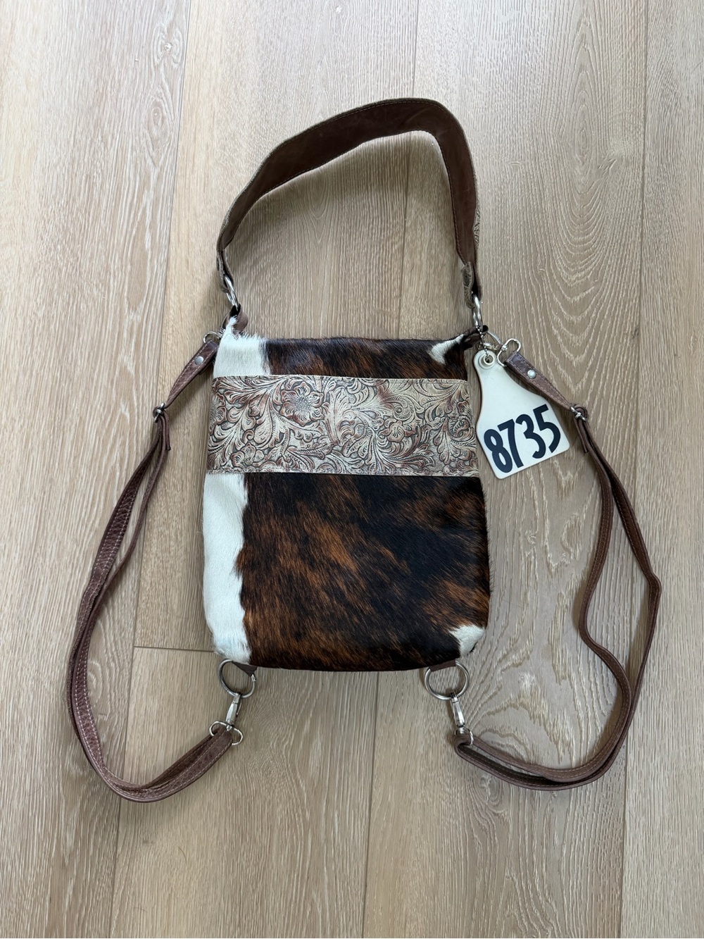 Brown & White Cowhide Crossbody Bag with Embossed Leather Panel